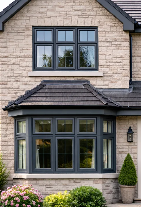 uPVC bay windows on a brick and stone house